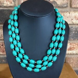 Vintage 60” Teal green oval beaded necklace